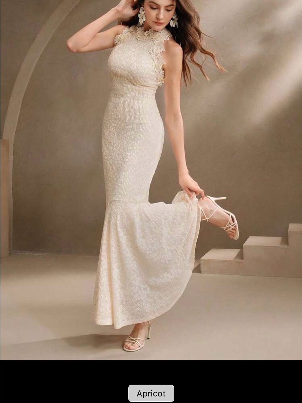Anewsta Lace High-Neck Mermaid Maxi Dress - Apricot